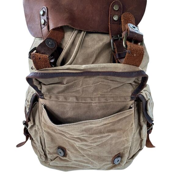 Vintage Waxed Canvas Leather Back Pack Utility Streetwear Commuter Gorpcore - Picture 13 of 16